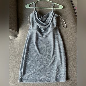 Blue glitter stretchy cowl neck semi formal dress